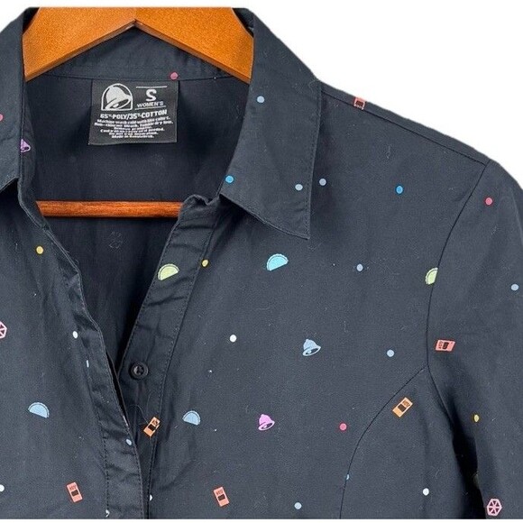 Taco Bell Shirt Women's Small Black Hot Sauce Tacos Print Button Up Long Sleeve - Picture 1 of 8